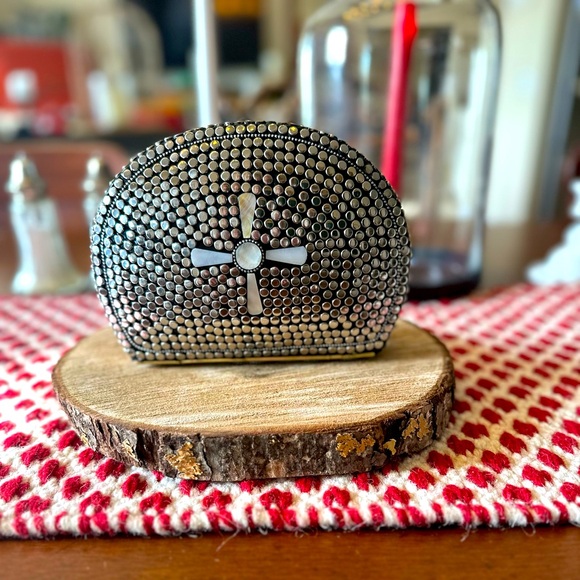 Ramal NWOT silver metal beaded stone inlay mosaic small clutch & shoulder chain - Picture 3 of 8